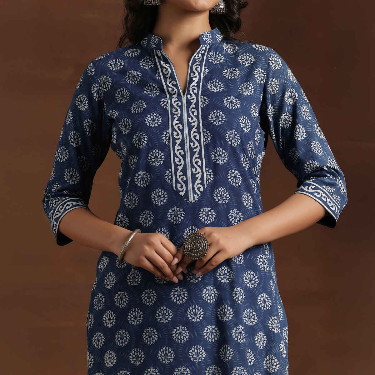 Libas Women's Printed Cotton Straight Kurta | Indigo - XL