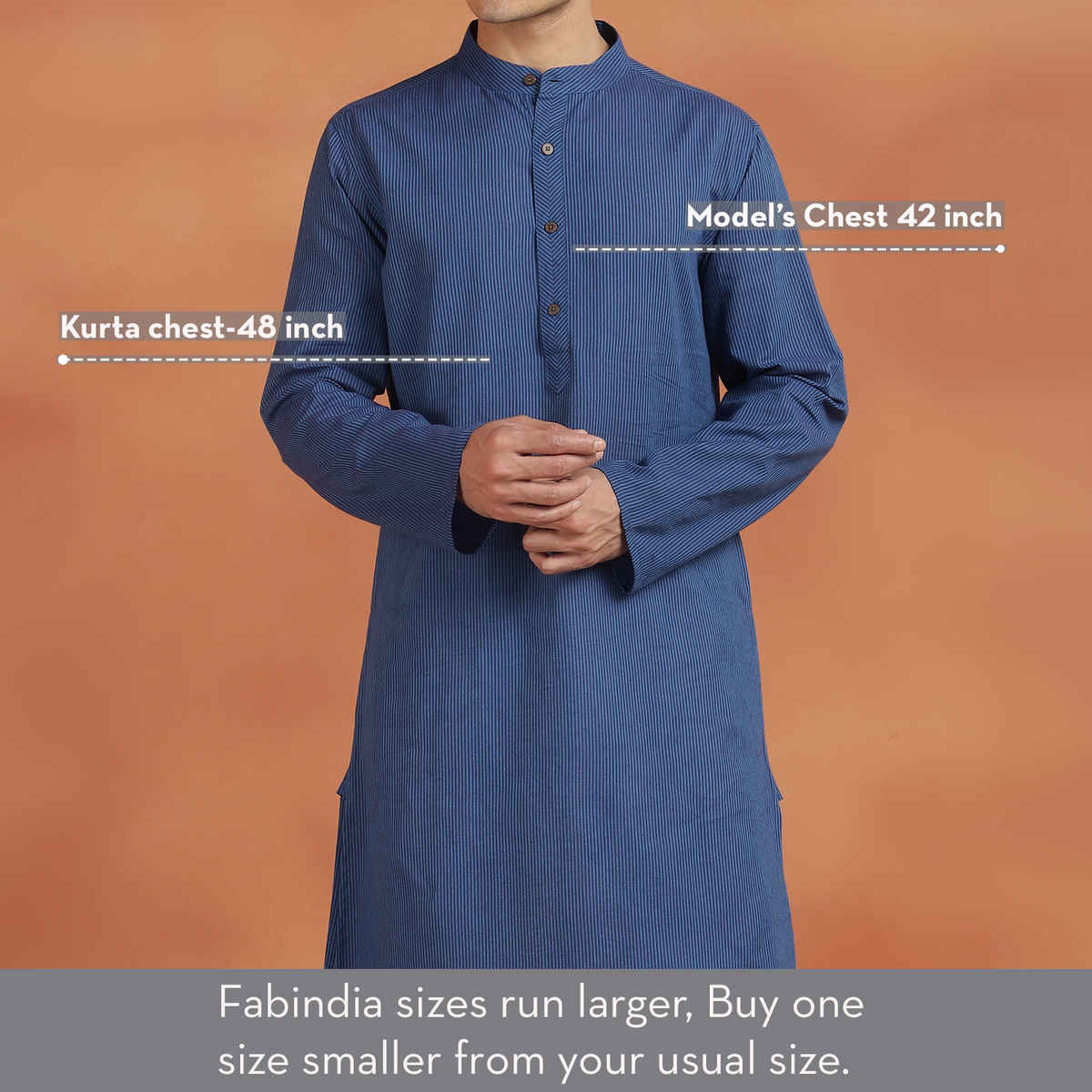 Fabindia Men's Cotton Slim Fit Long Kurta | Blue - L