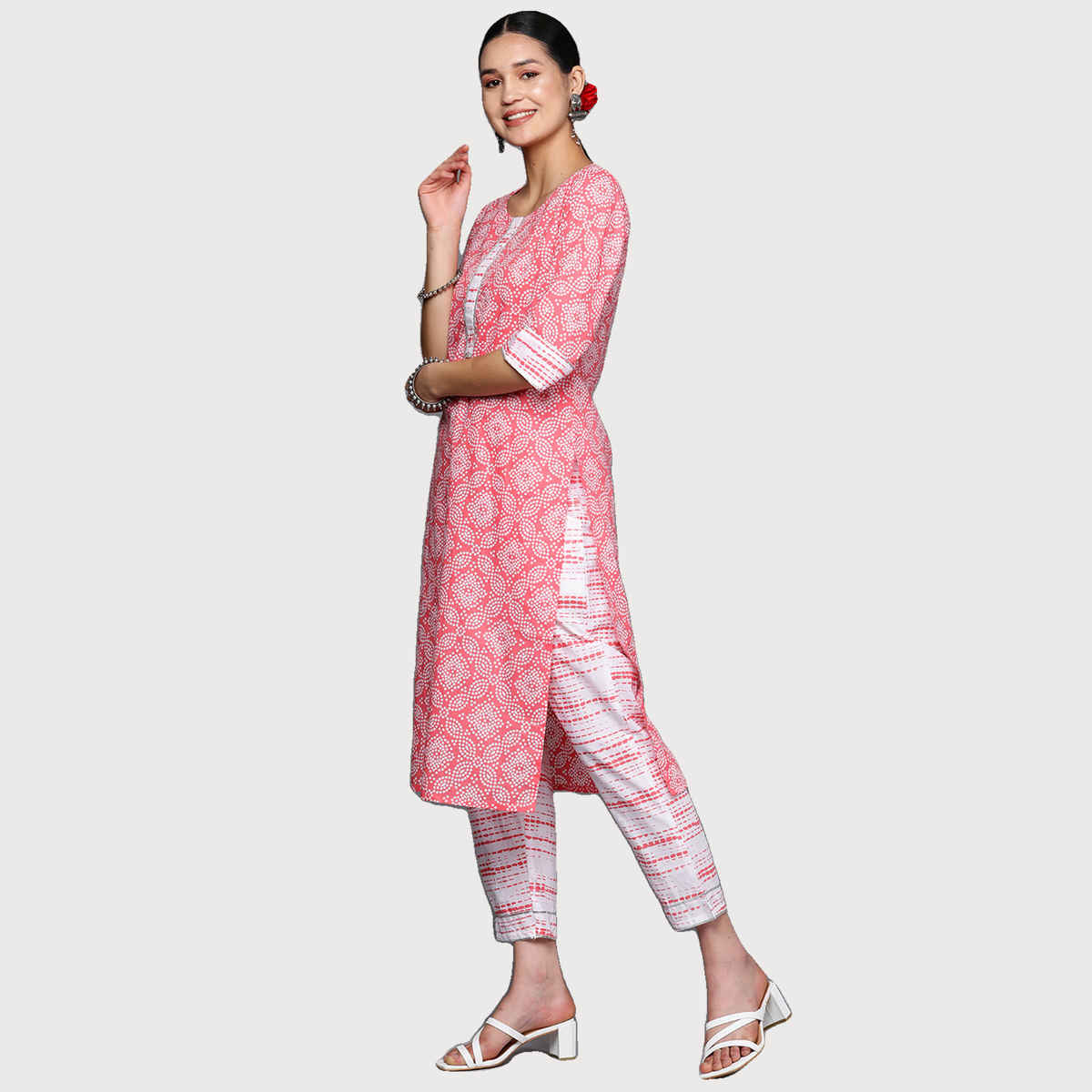 Libas Women's Printed Cotton Straight Kurta with Trousers & Dupatta | Peach - S