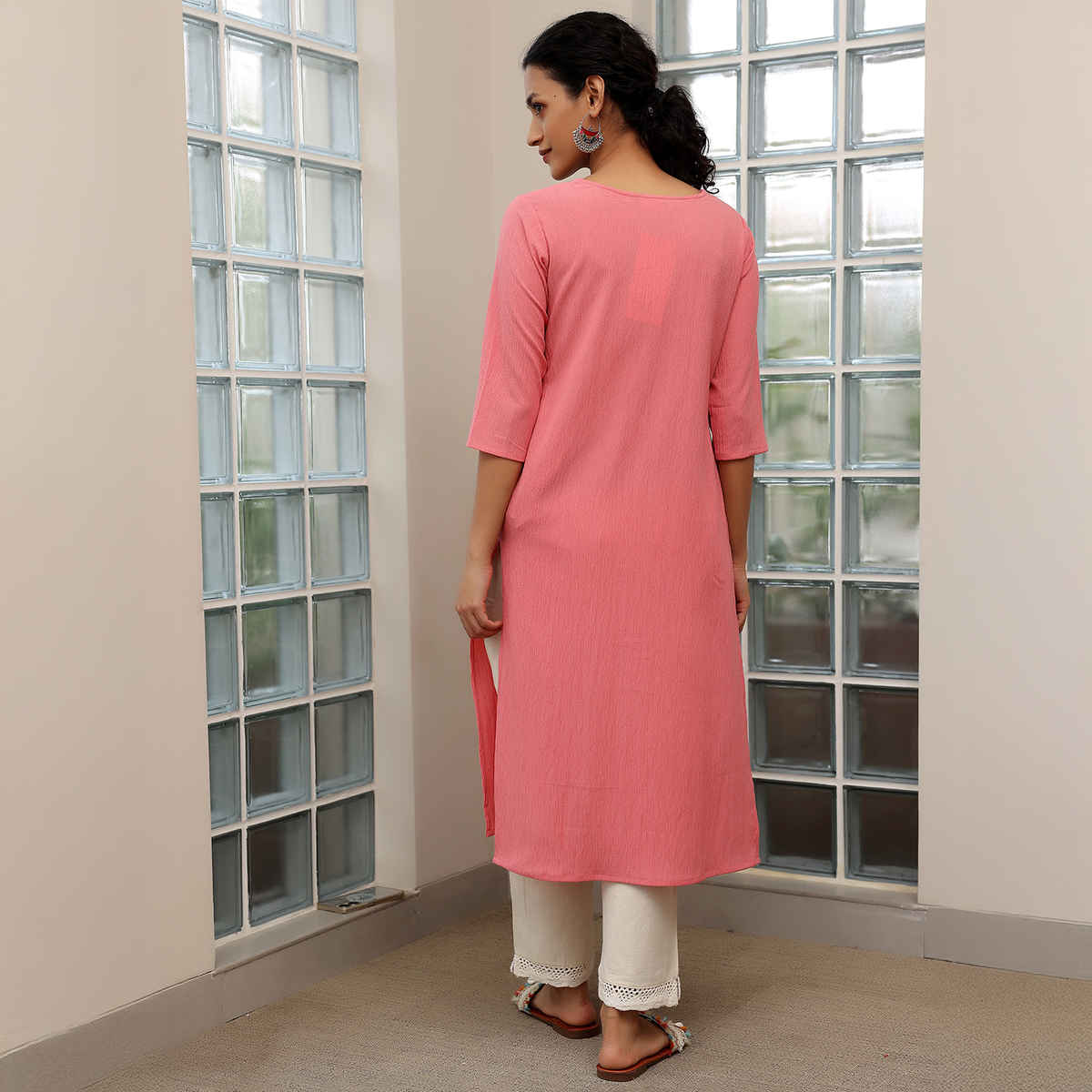 Libas Women's Yoke Design Polyester Straight Kurta | Pink - S