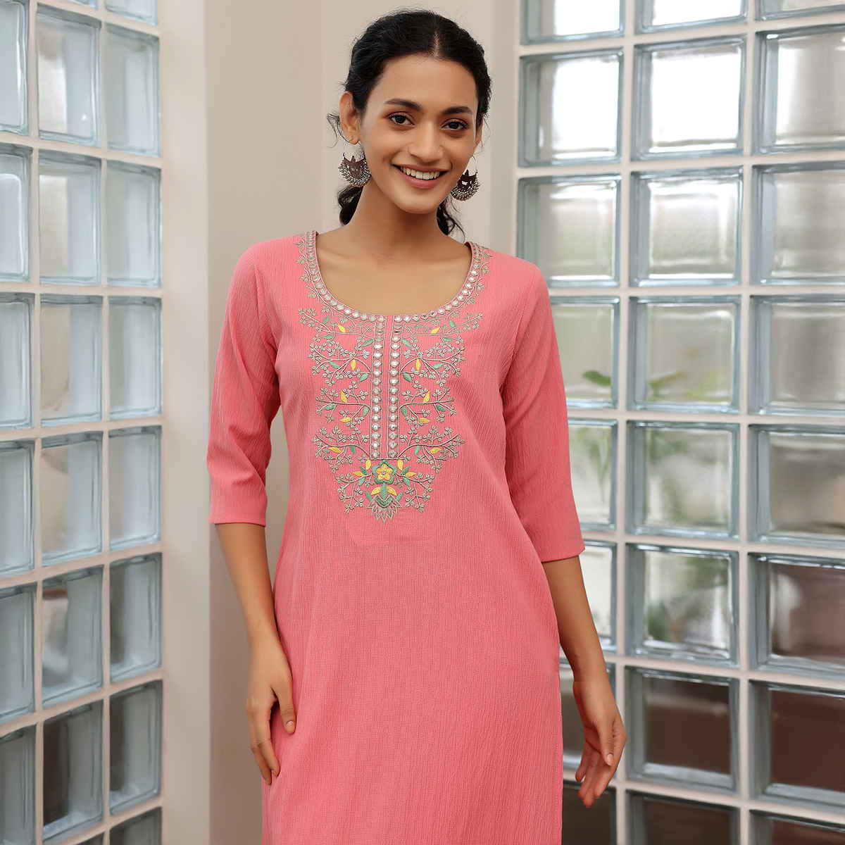 Libas Women's Yoke Design Polyester Straight Kurta | Pink - S