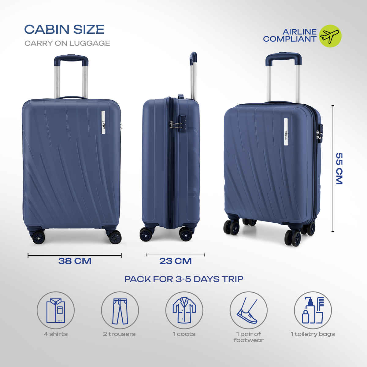 Safari Vamos Cabin Trolley Bag, 8 Wheels, Hard, Polypropylene | Cyan - 55cm