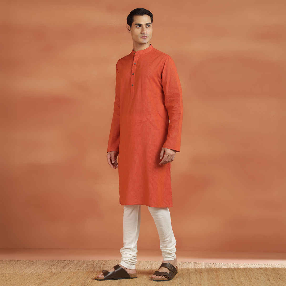Fabindia Men's Cotton Slim Fit Long Kurta | Orange - XL