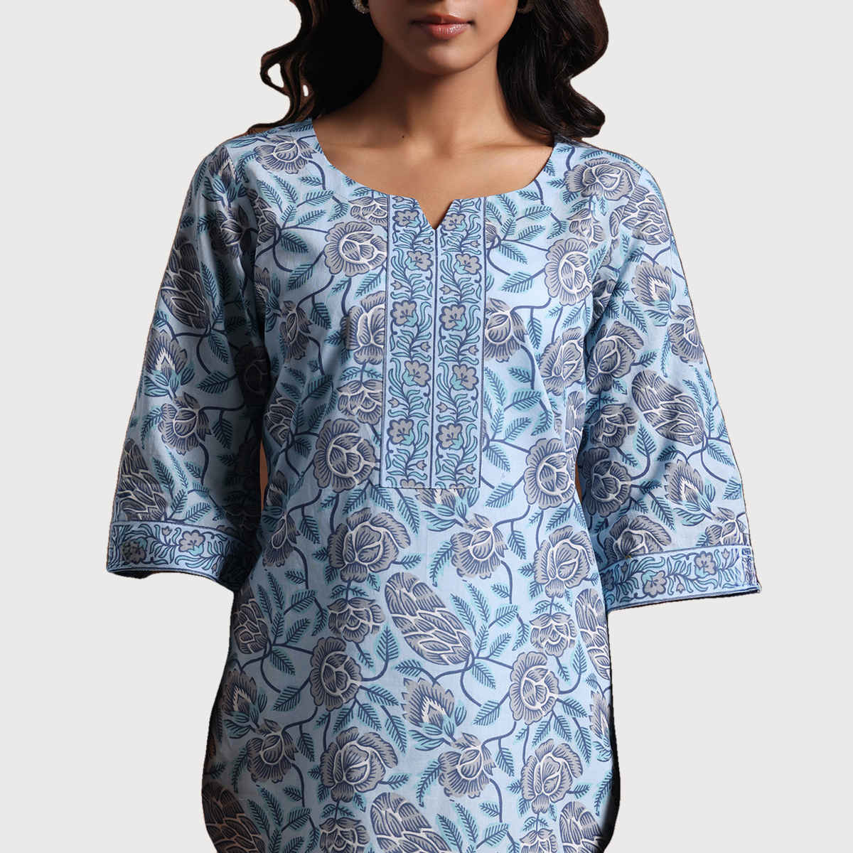 Libas Women's Printed Cotton Straight Kurti | Blue - L