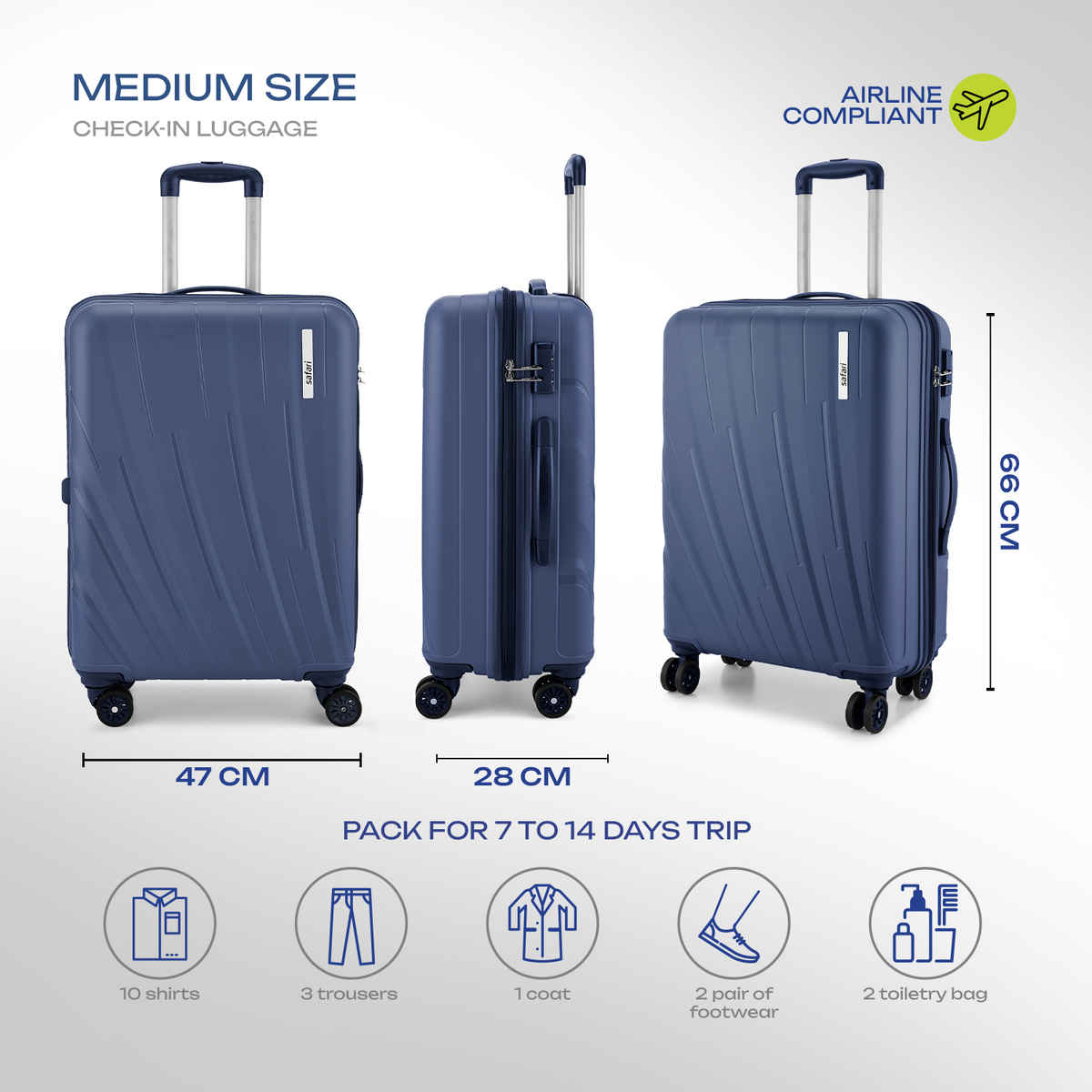 Safari Vamos Medium Trolley Bag, 8 Wheels, Hard, Polypropylene | Cyan - 66 cm