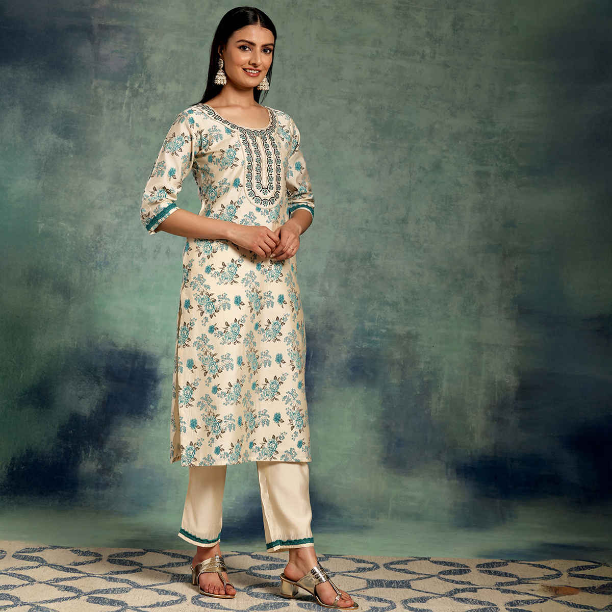 Libas Women's Printed Chanderi Silk Straight Kurta Set | Beige - L