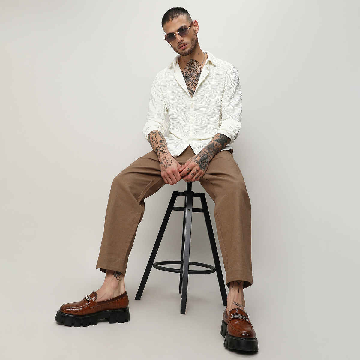 Campus Sutra Men's Self - Design Wave Shirt | White - L