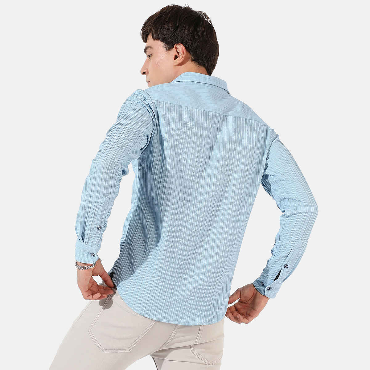 Campus Sutra Men's Polyester Blend Self-Design Striped Shirt | Blue | XL