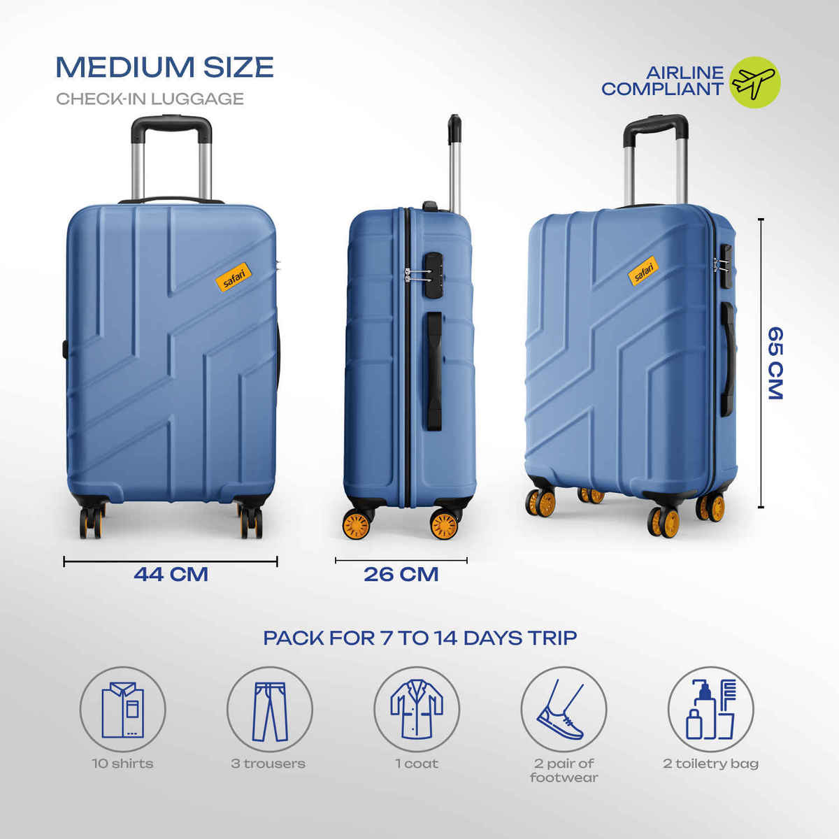 Safari Stratos Medium Trolley Bag | 360 Degree 8 Wheels Hard Polycarbonate | Steel Blue - 65 cm