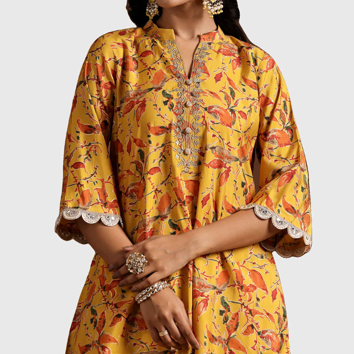 Libas Women's Printed Silk Blend A-Line Kurta with Trousers | Mustard - XL