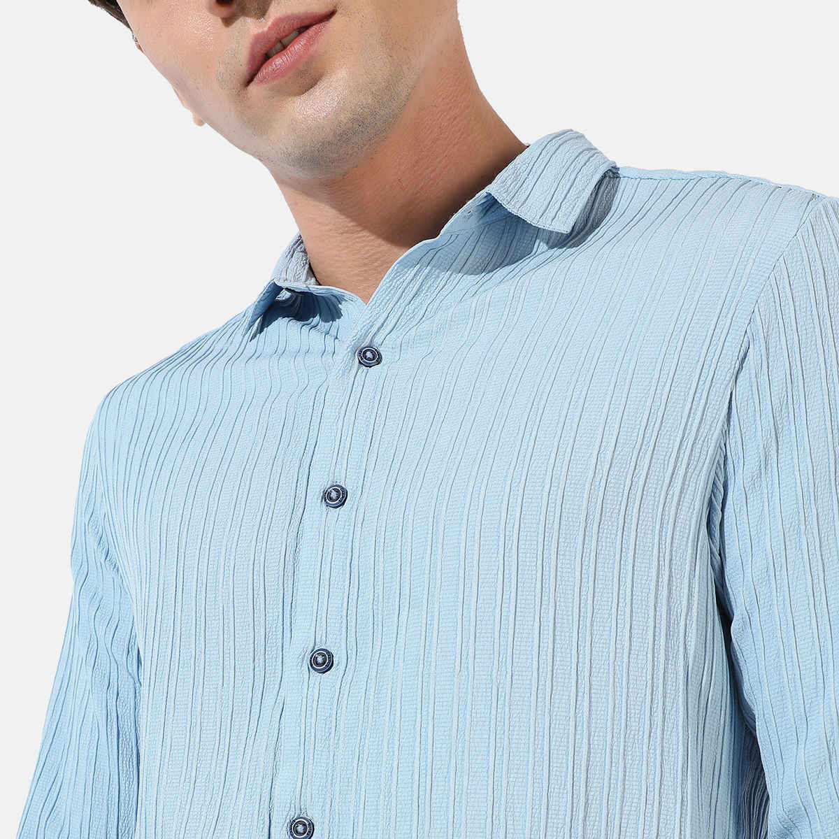 Campus Sutra Men's Polyester Blend Self-Design Striped Shirt | Blue | XL