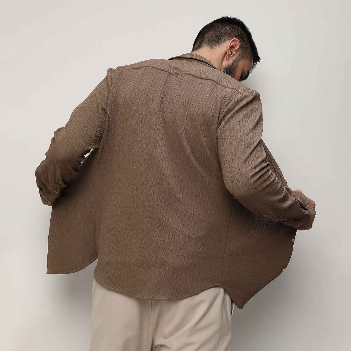 Campus Sutra Men's Polyester Stripe-Creased Shirt | Brown | M