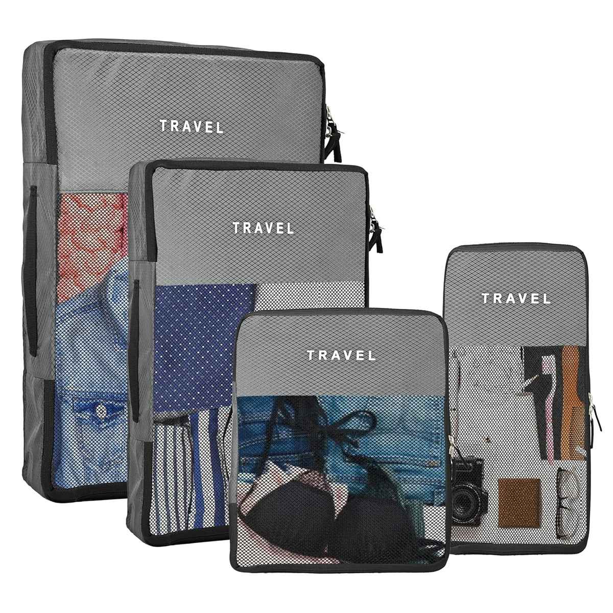 Kuber Industries Packing Cubes | Travel Mesh Suitcase Organizer Bags | Grey