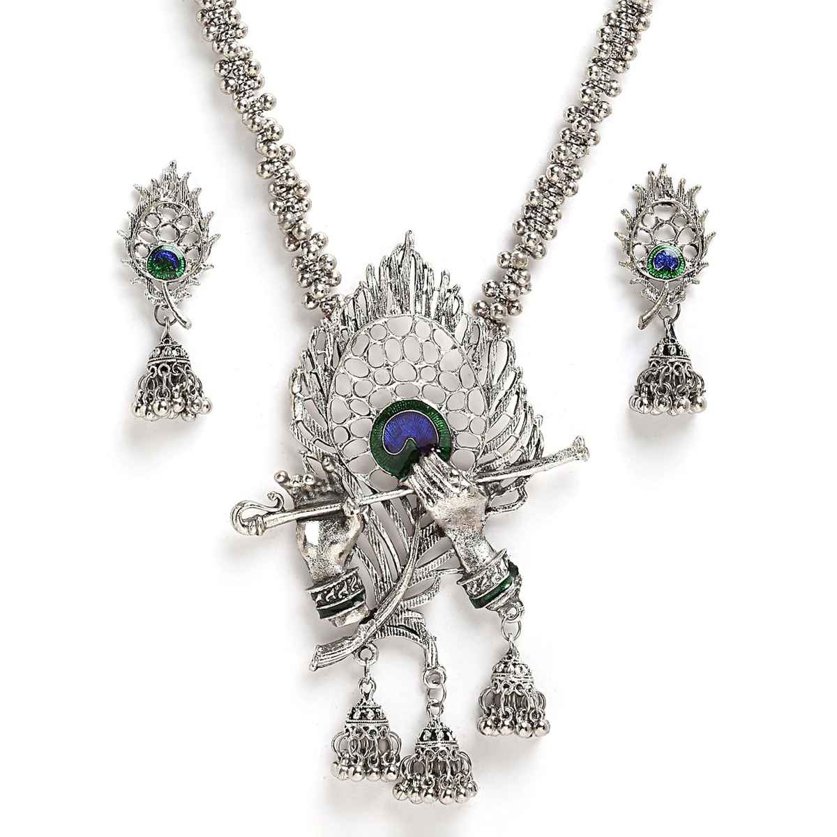 Shining Diva Fashion Stylish Traditional Oxidised Silver Necklace Set for Women and Gilrs | 13165s