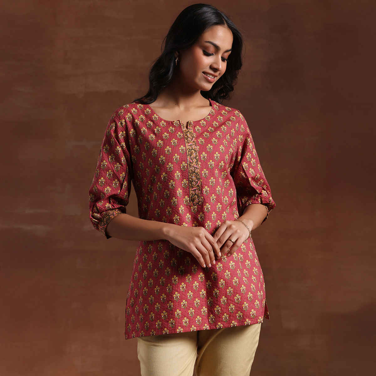 Libas Women's Printed Cotton Straight Kurti | Pink - L