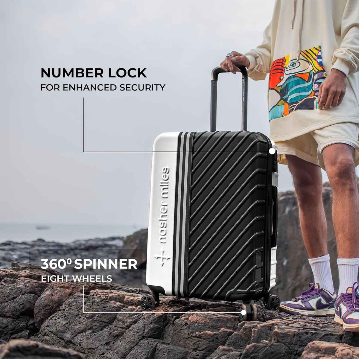 Nasher Miles Vegas Check-In Hard-Sided Polycarbonate Luggage 24Inch 65 cm Trolley Bag Black&White