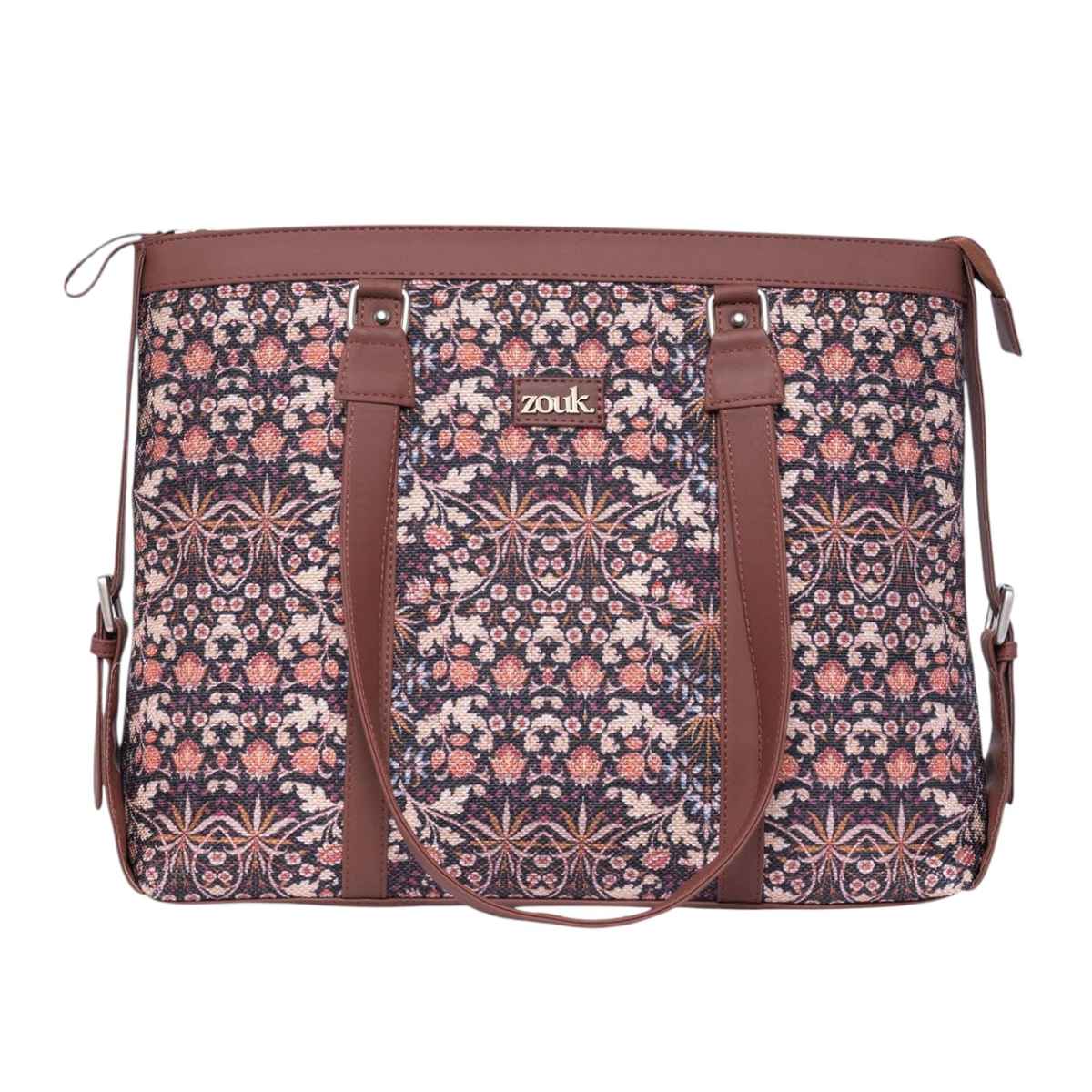 Zouk Women's Printed Vegan Leather and Handcrafted Fabric 13.8L Double Strap Office Bag | Brown