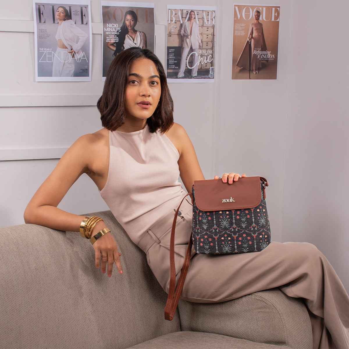 Zouk Women's Motifs Vegan Leather and Handcrafted Fabric 5.6 L Sling Bag | Multicolour - Free Size