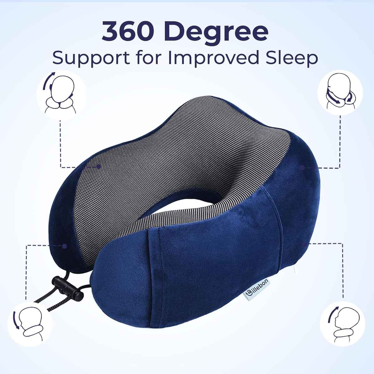 Billebon Unisex Memory Foam Neck Pillow with Eye Mask | Navy Blue - One Size
