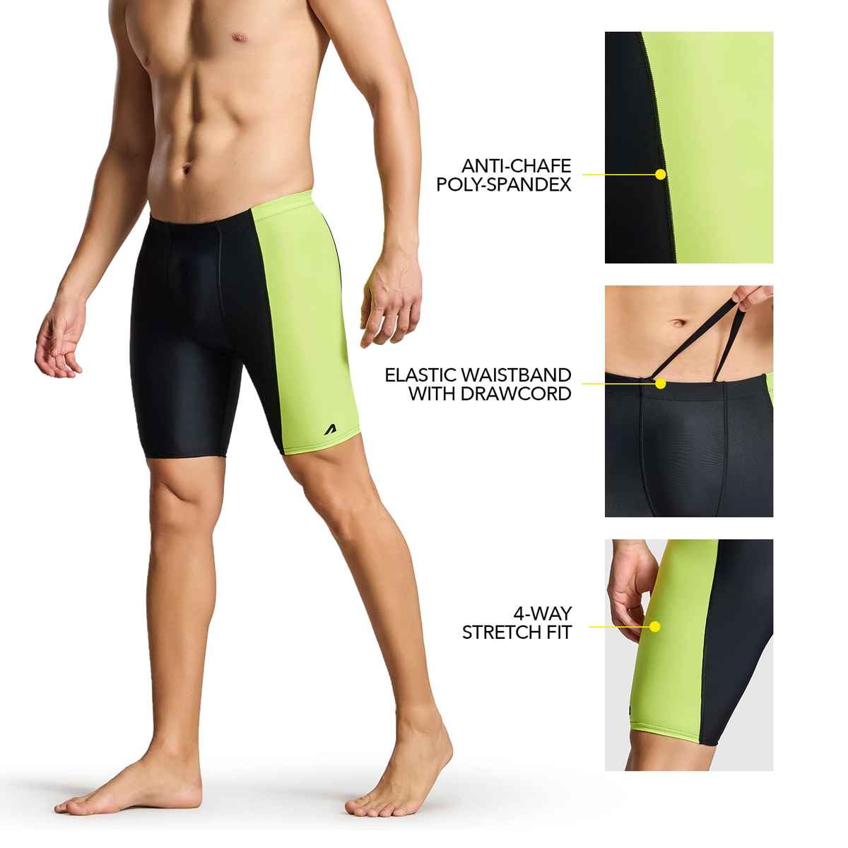 Boldfit Men's Swimming Jammers Strechable Breathable Quick Dry | Black & Yellow - L