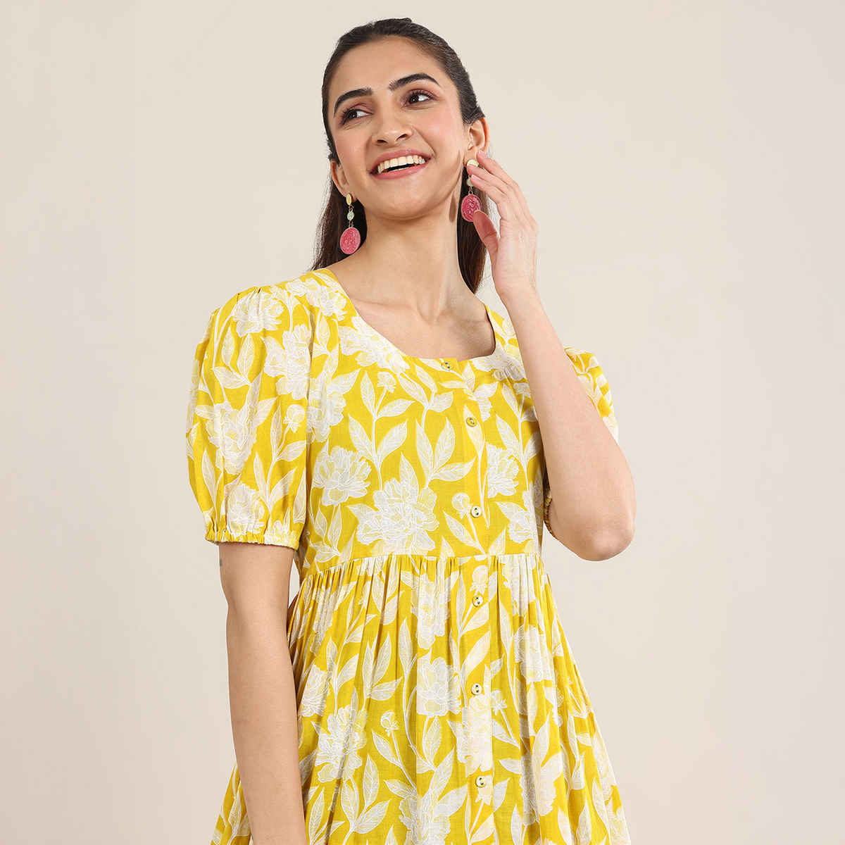 Buy Libas Women's Printed Cotton Fit and Flare One Piece Dress | Yellow ...