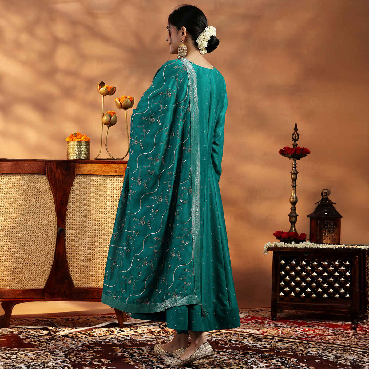 Libas Rama Embroidered Silk Blend Anarkali Suit With Dupatta | 27891H | Green - L