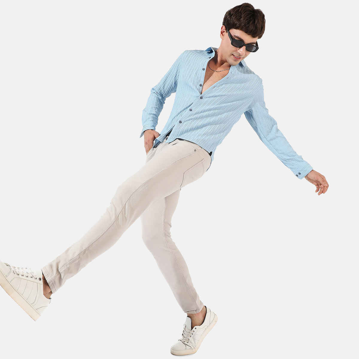 Campus Sutra Men's Polyester Blend Self-Design Striped Shirt | Blue | L