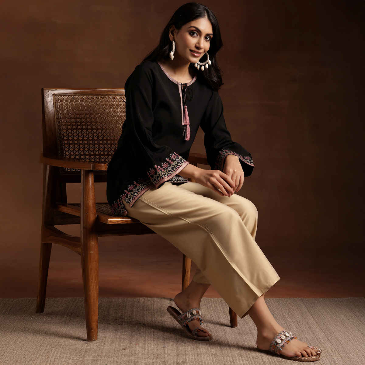 Libas Women's Ethnic Motif Embroidered Straight Kurti | 29180O | Black - M