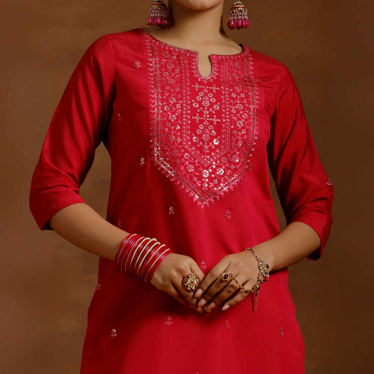 Libas Women's Embroidered Silk Blend Straight Suit with Dupatta | Pink - S