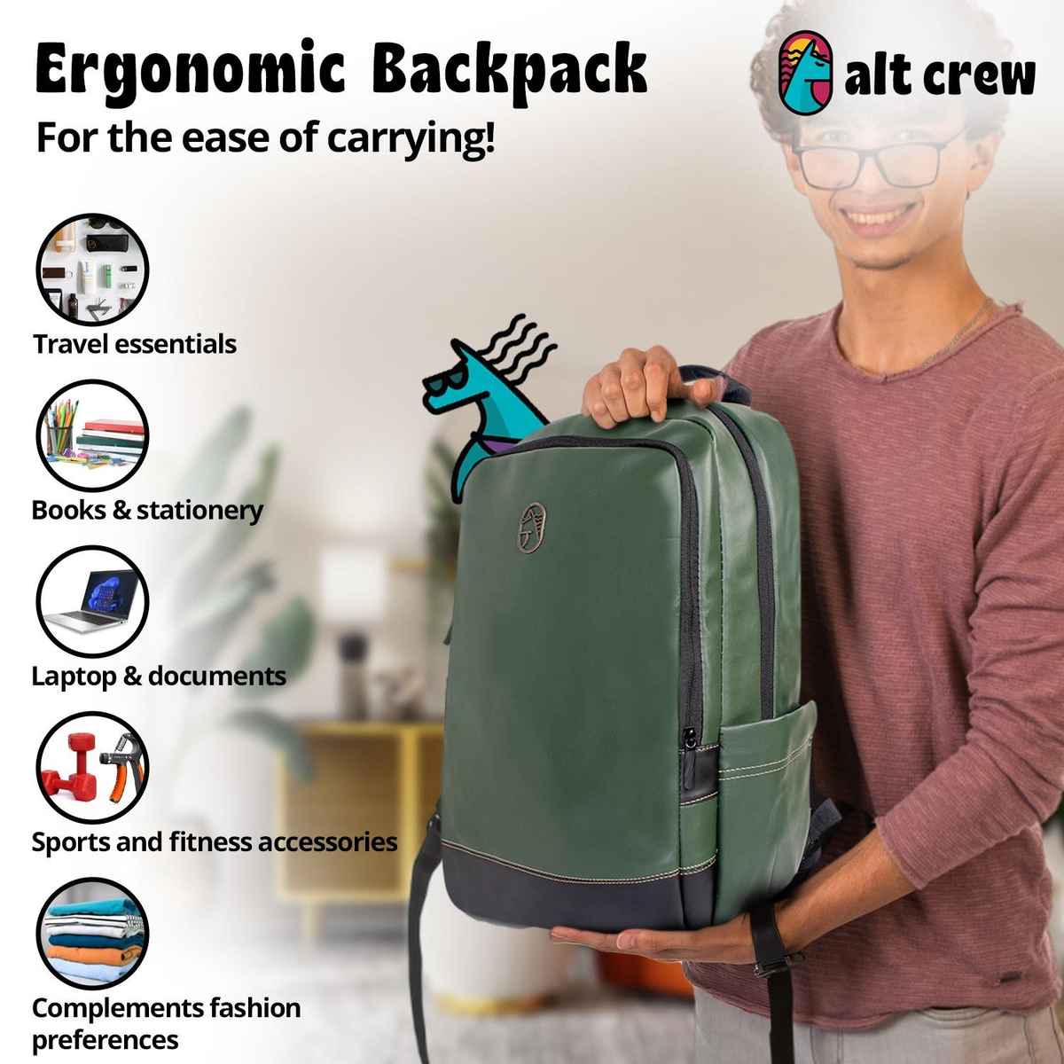 Alt Crew Unisex Synthetic Leather 28 L Laptop Bag with Cushioned Back Support | Olive Green