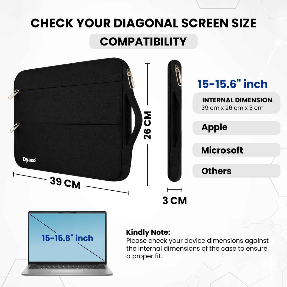Dyazo Water Resistant Laptop Sleeve Case | 15 to 15.6 Inch | Black