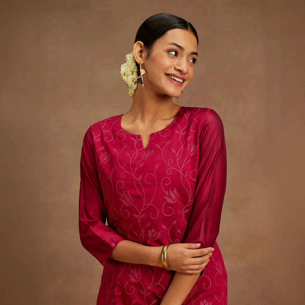 Libas Women's Embroidered Chanderi Silk Straight Kurta | Red - L