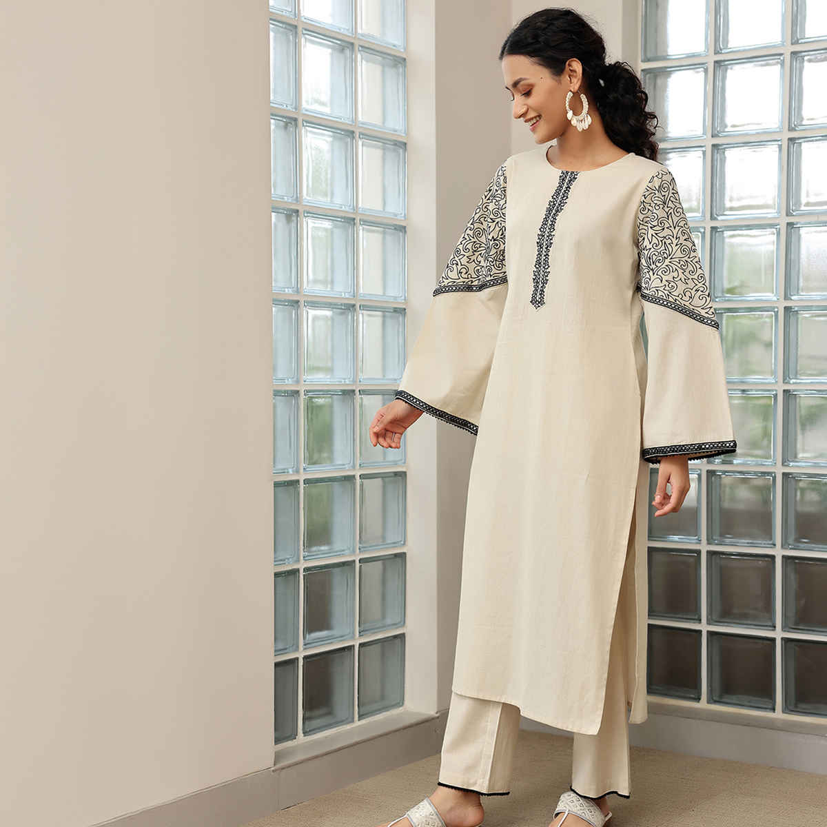 Libas Solid Cotton Blend Straight Suit With Dupatta | 27640H | Beige - M