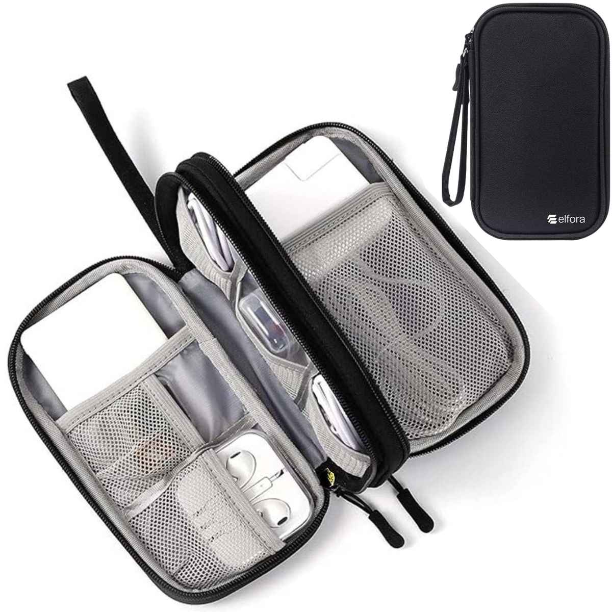 Elfora Cable Organizer Pouch Double Layer Travel Storage for Cables Chargers Power Bank | Black