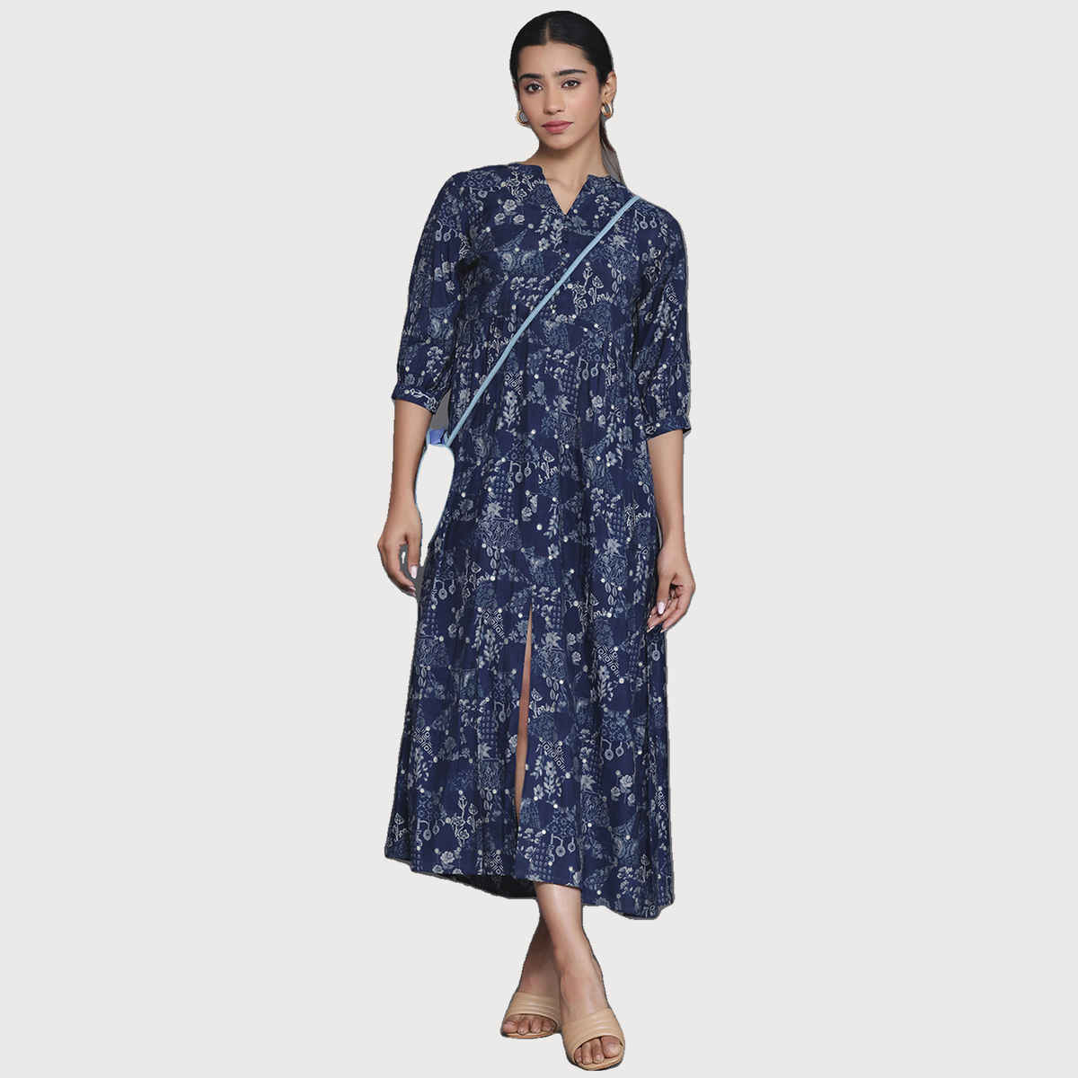 Libas Women's Printed Silk Fit and Flare Dress | Blue - L