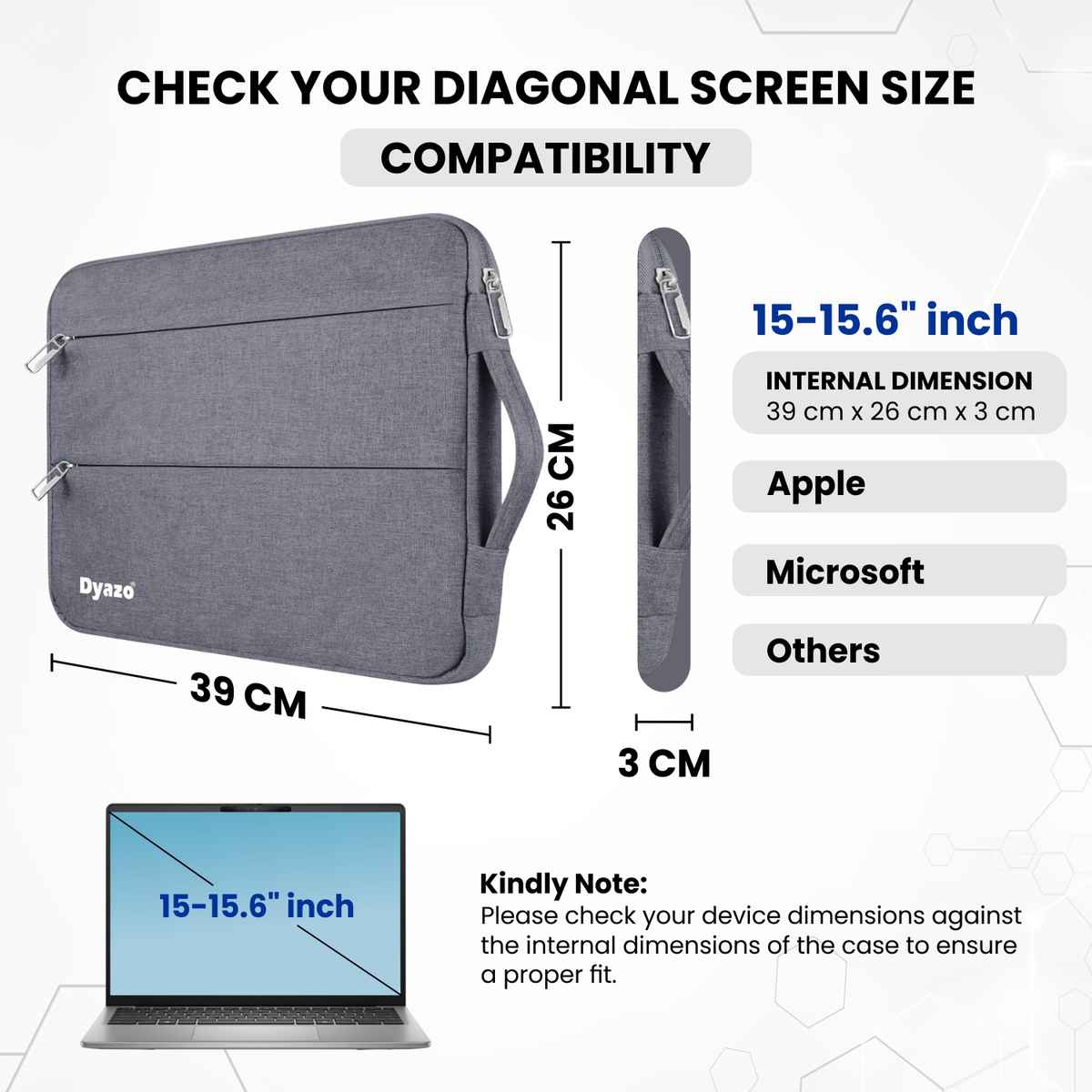 Dyazo Water Resistant Laptop Sleeve with Handle | 15 to 15.6 Inch | Grey