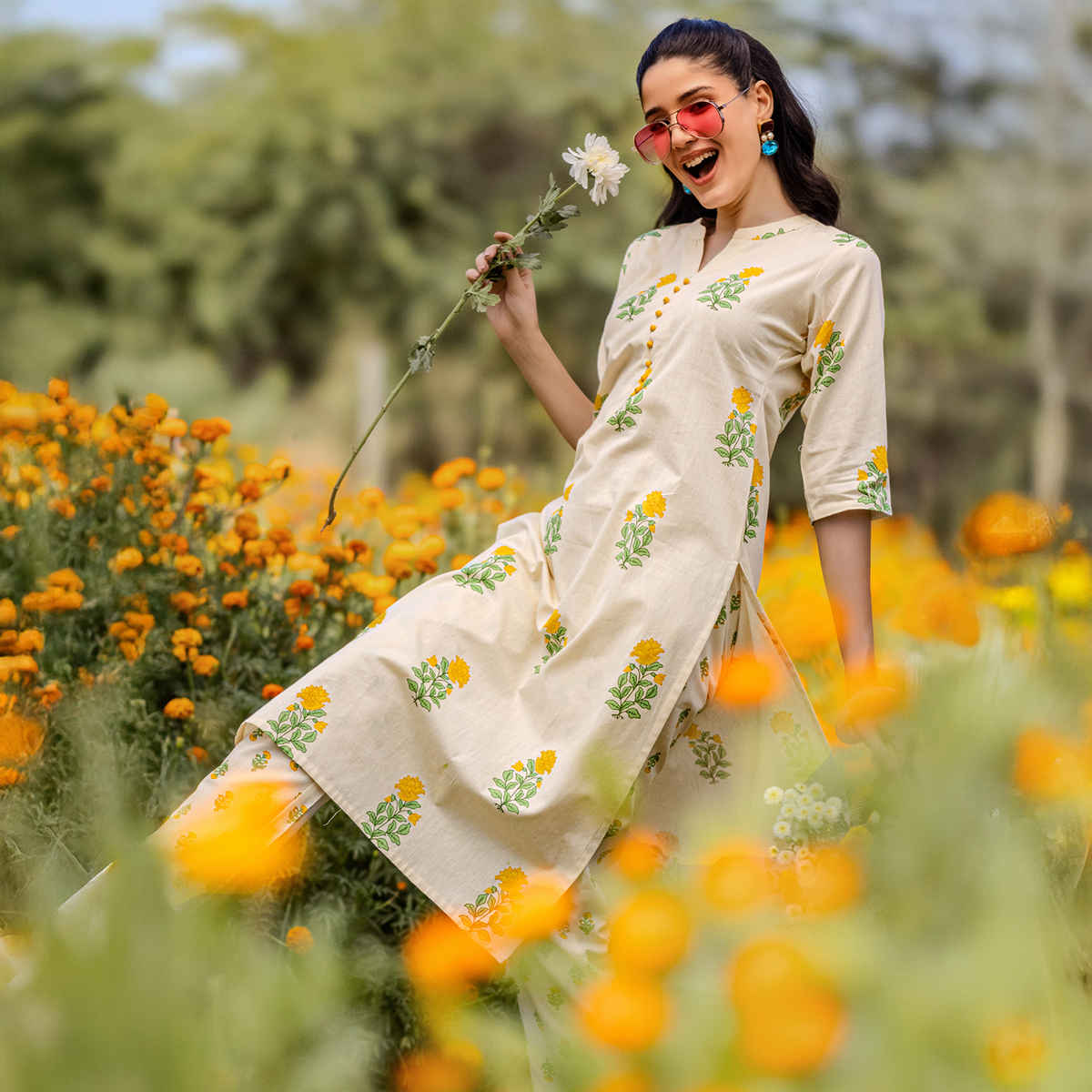 Libas Women's Printed Cotton Straight Kurta Set | Off white - M