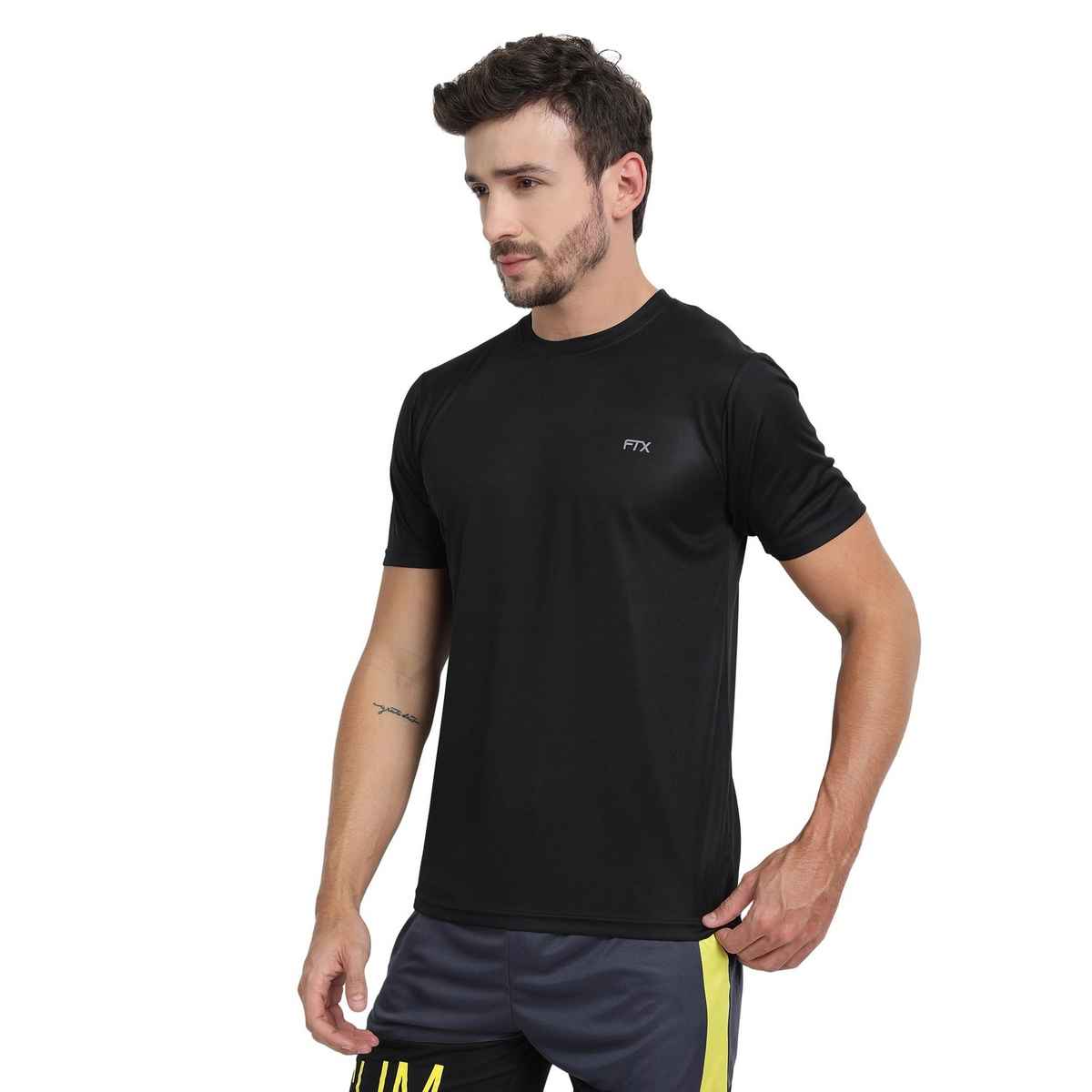 Ftx Men's Solid Round Neck Polyester Half Sleeve Casual T-shirt | Black | L
