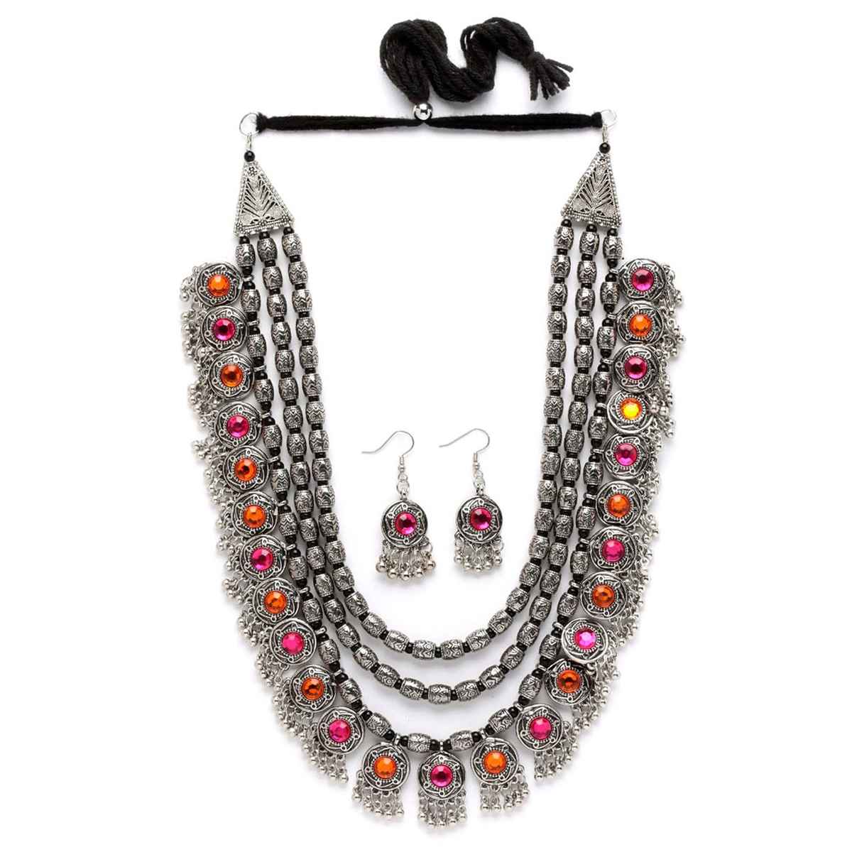 Shining Diva Fashion Stylish Oxidised Silver Tribal Necklace Set for Women and Girls | 12164s