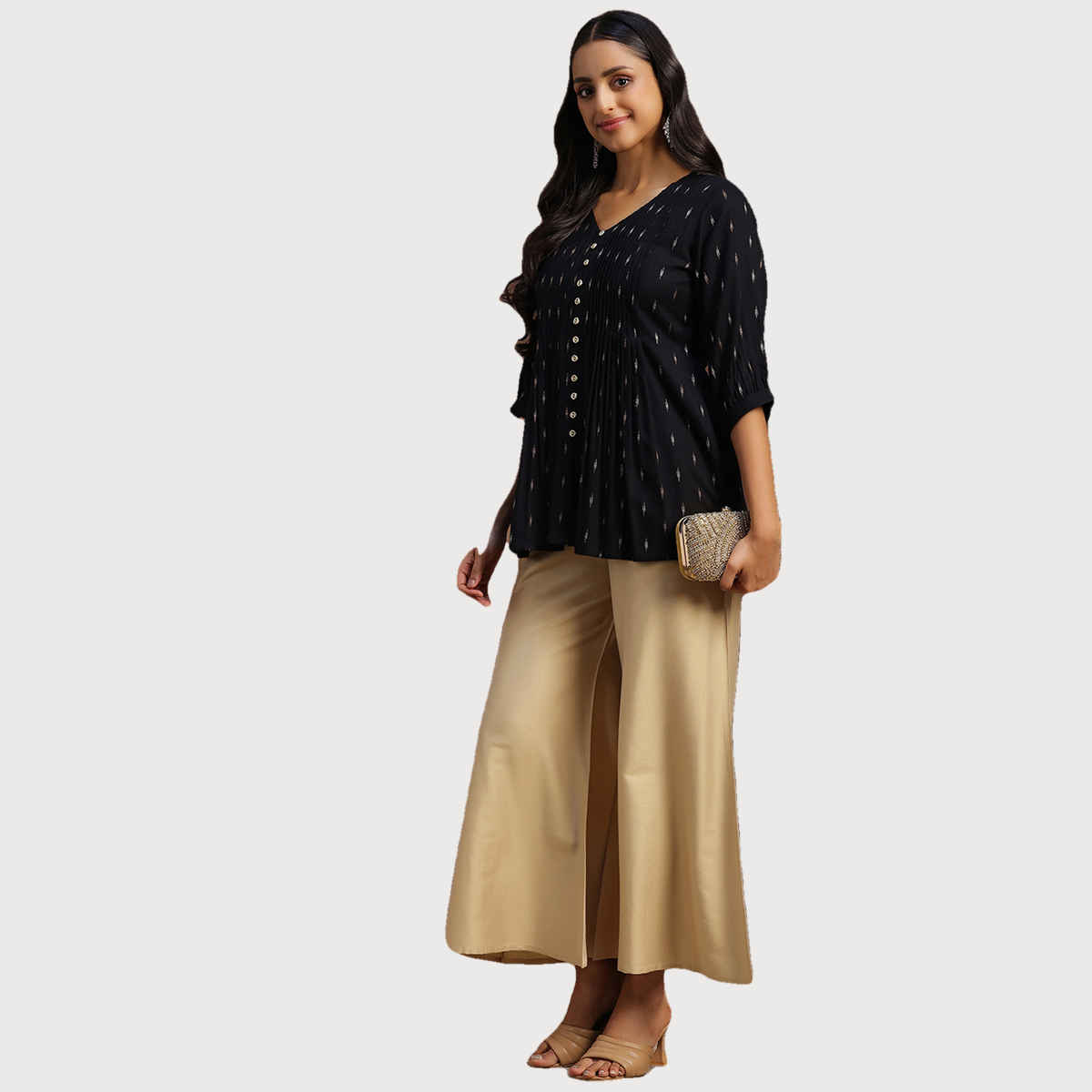 Libas Women's Zari Woven Design A-Line Pleated Kurti with Pintuck Detail | 29133 | Black - XL