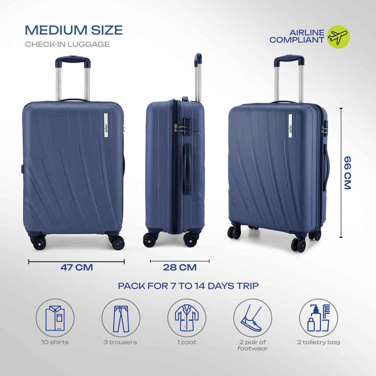 Safari Vamos Medium Trolley Bag, 8 Wheels, Hard, Polypropylene | Cyan - 66 cm