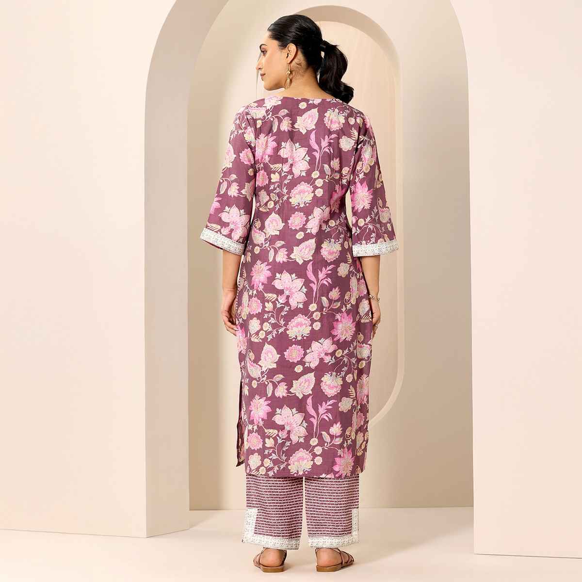 Libas Women's Printed Silk Blend Straight Kurta Set | Mauve - S
