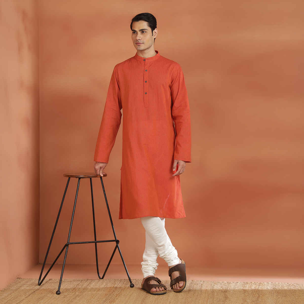 Fabindia Men's Cotton Slim Fit Long Kurta | Orange - M