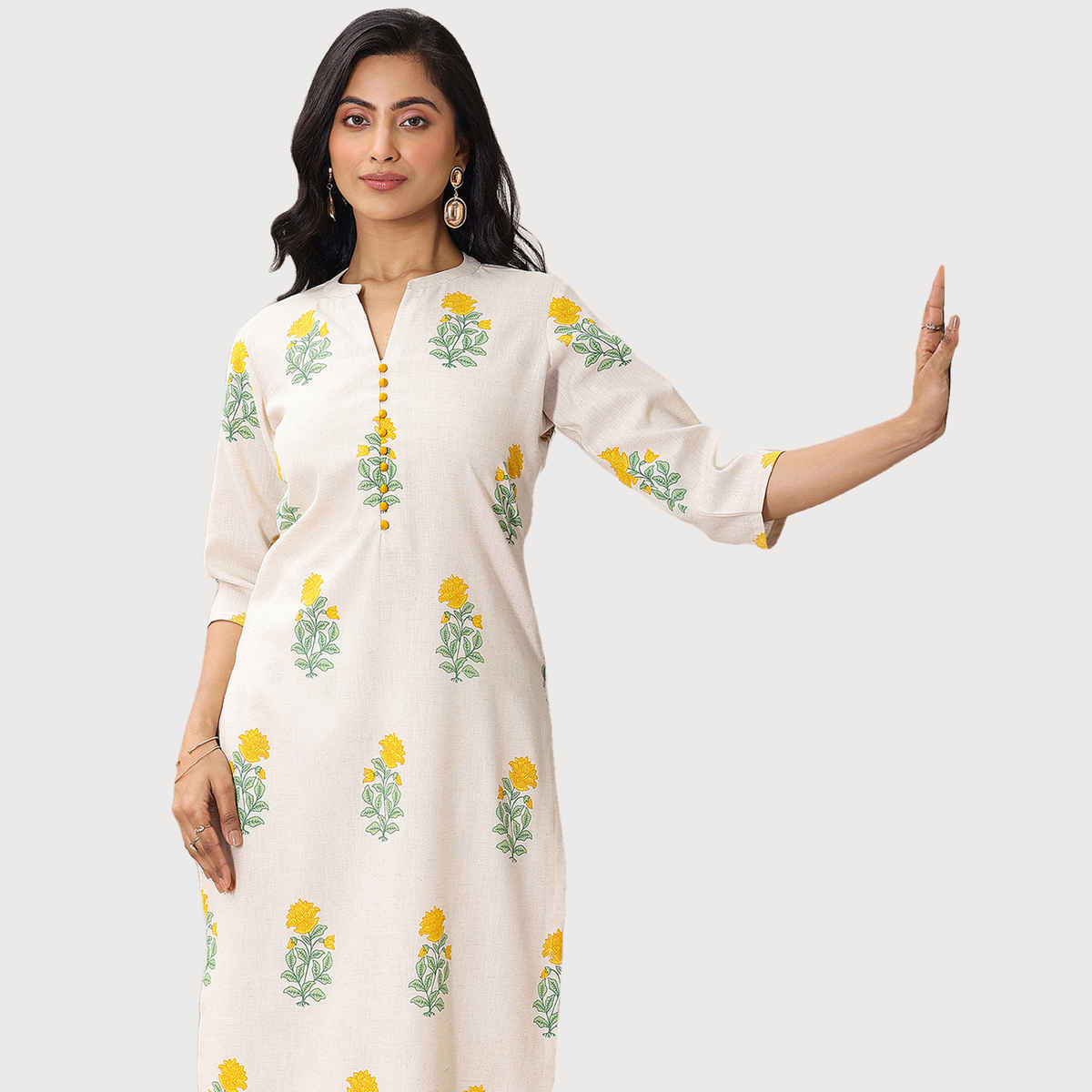 Libas Women's Printed Cotton Straight Kurta Set | Off white - M