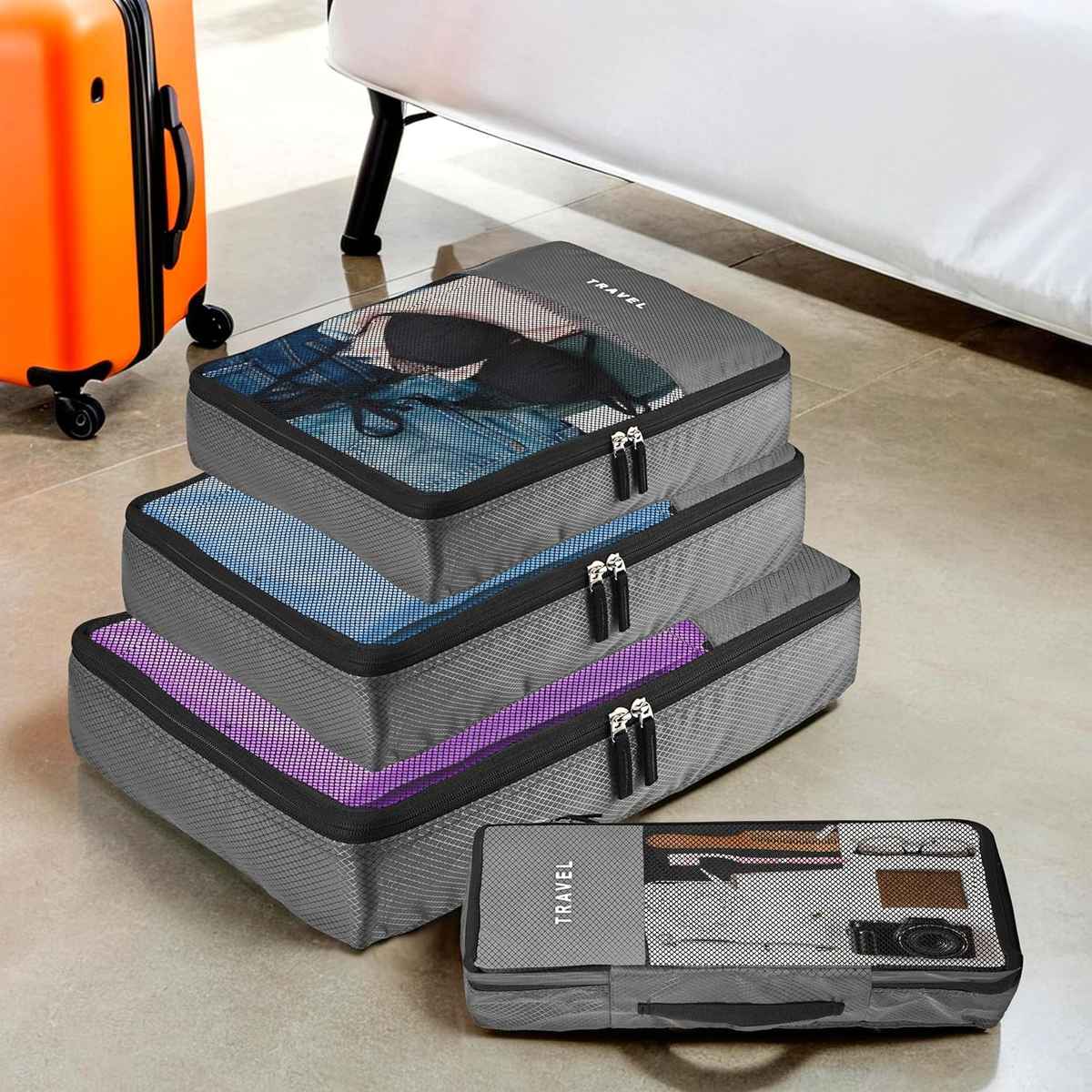 Kuber Industries Packing Cubes | Travel Mesh Suitcase Organizer Bags | Grey