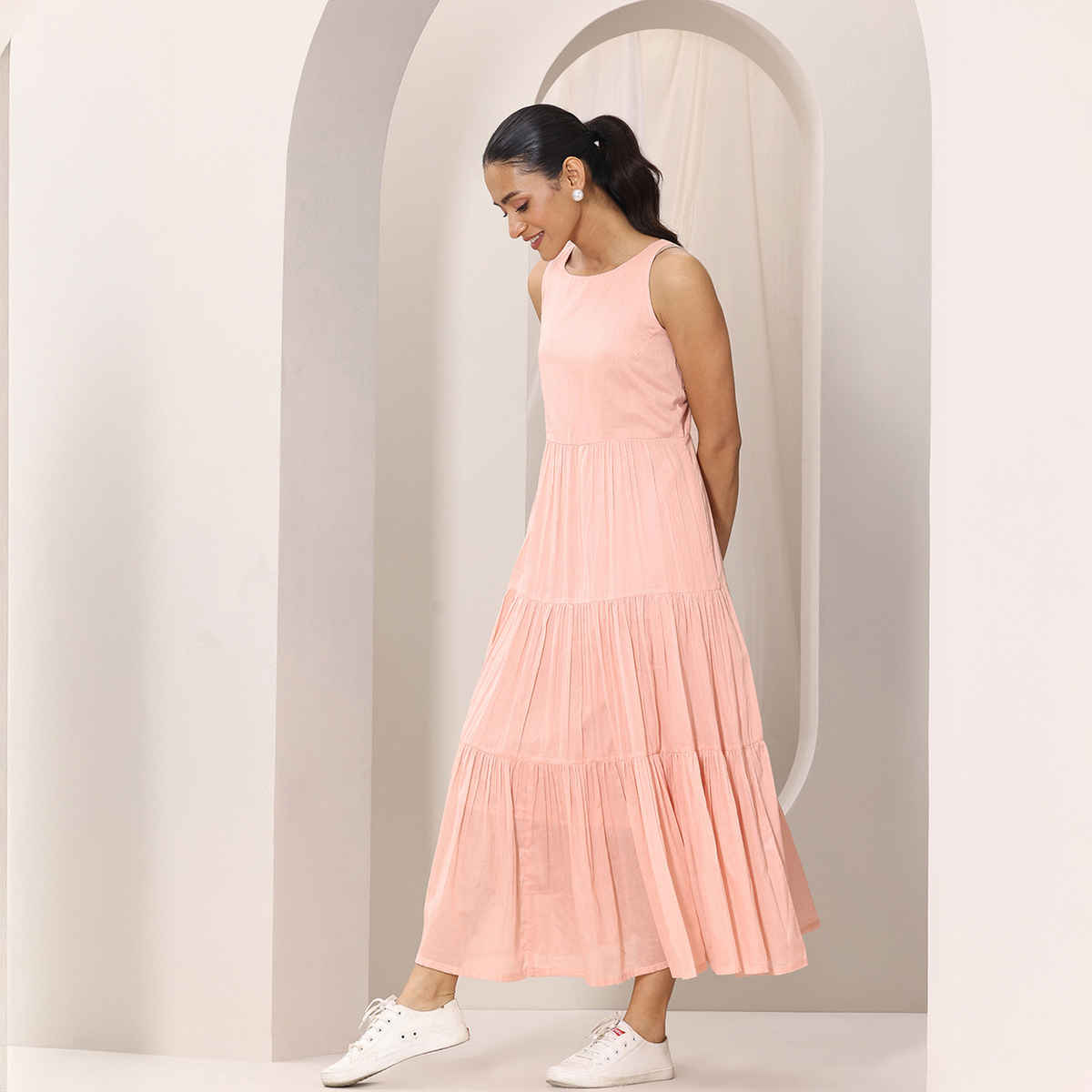 Libas Women's Solid Cotton Tiered Fit and Flare One Piece Dress - Buy ...
