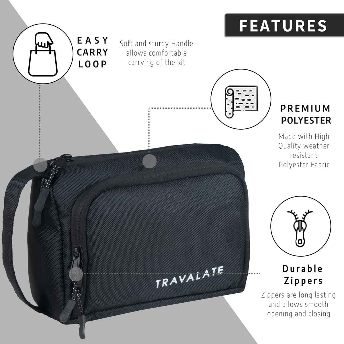 TRAVALATE Lightweight Toiletry Organizer Dopp Kit | Unisex Multipurpose, Makeup Kit Bag | Black
