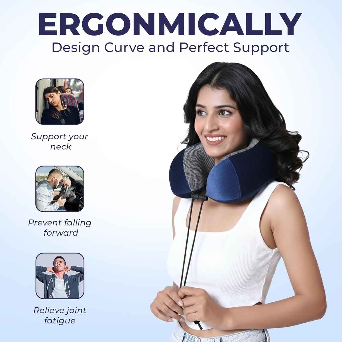 Billebon Unisex Memory Foam Neck Pillow with Eye Mask | Navy Blue - One Size