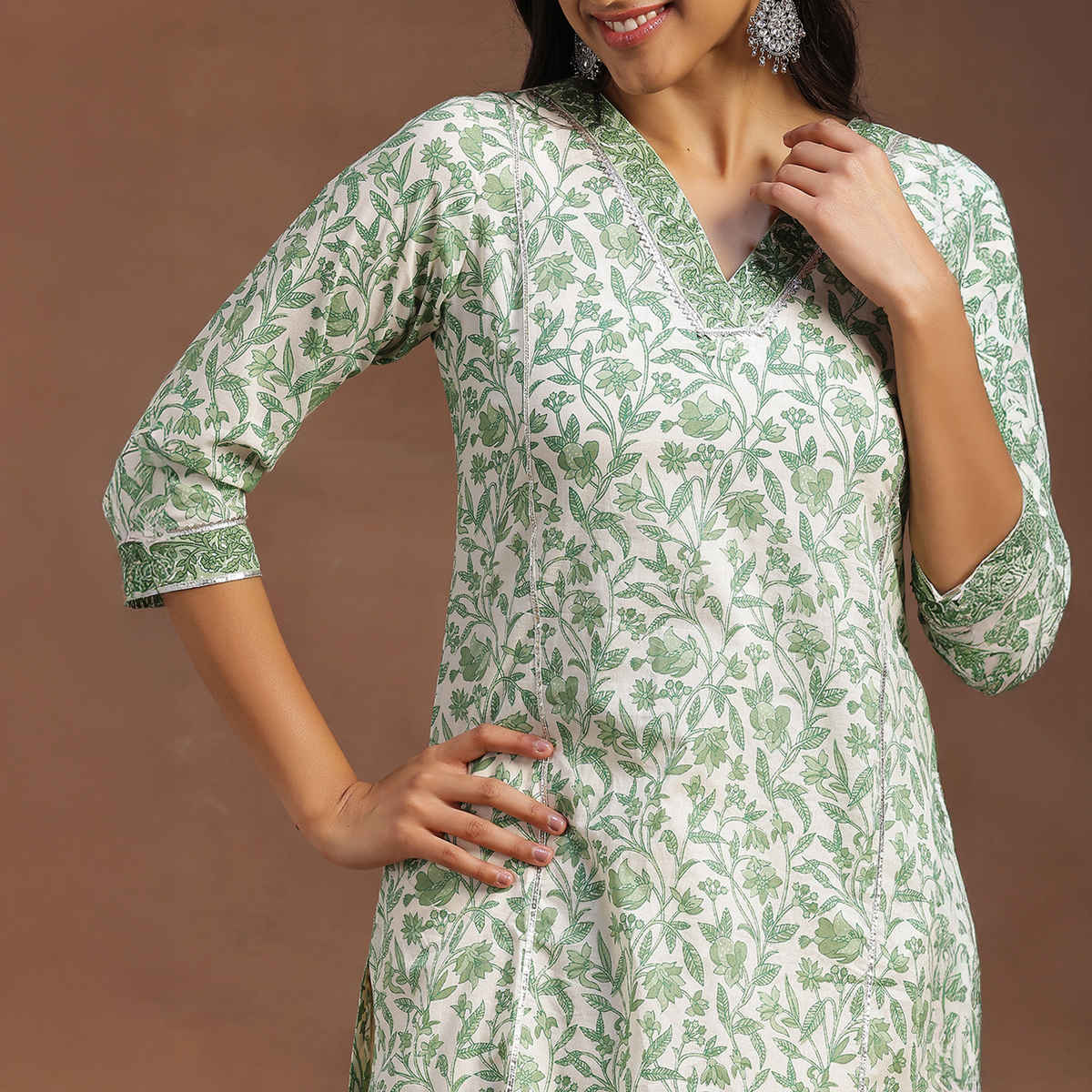 Libas Women's Printed Cotton Straight Kurta | Green - S