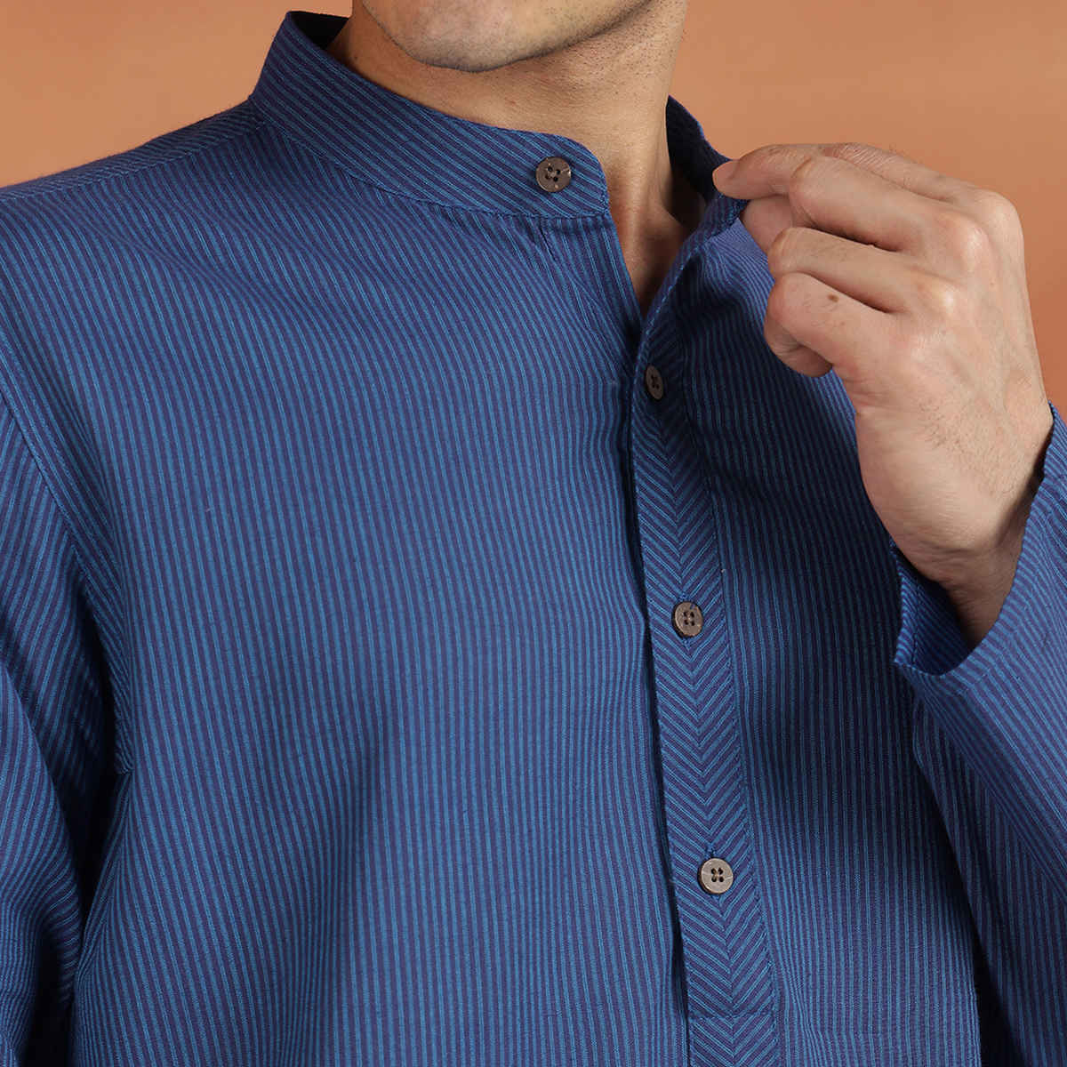 Fabindia Men's Cotton Slim Fit Long Kurta | Blue - L